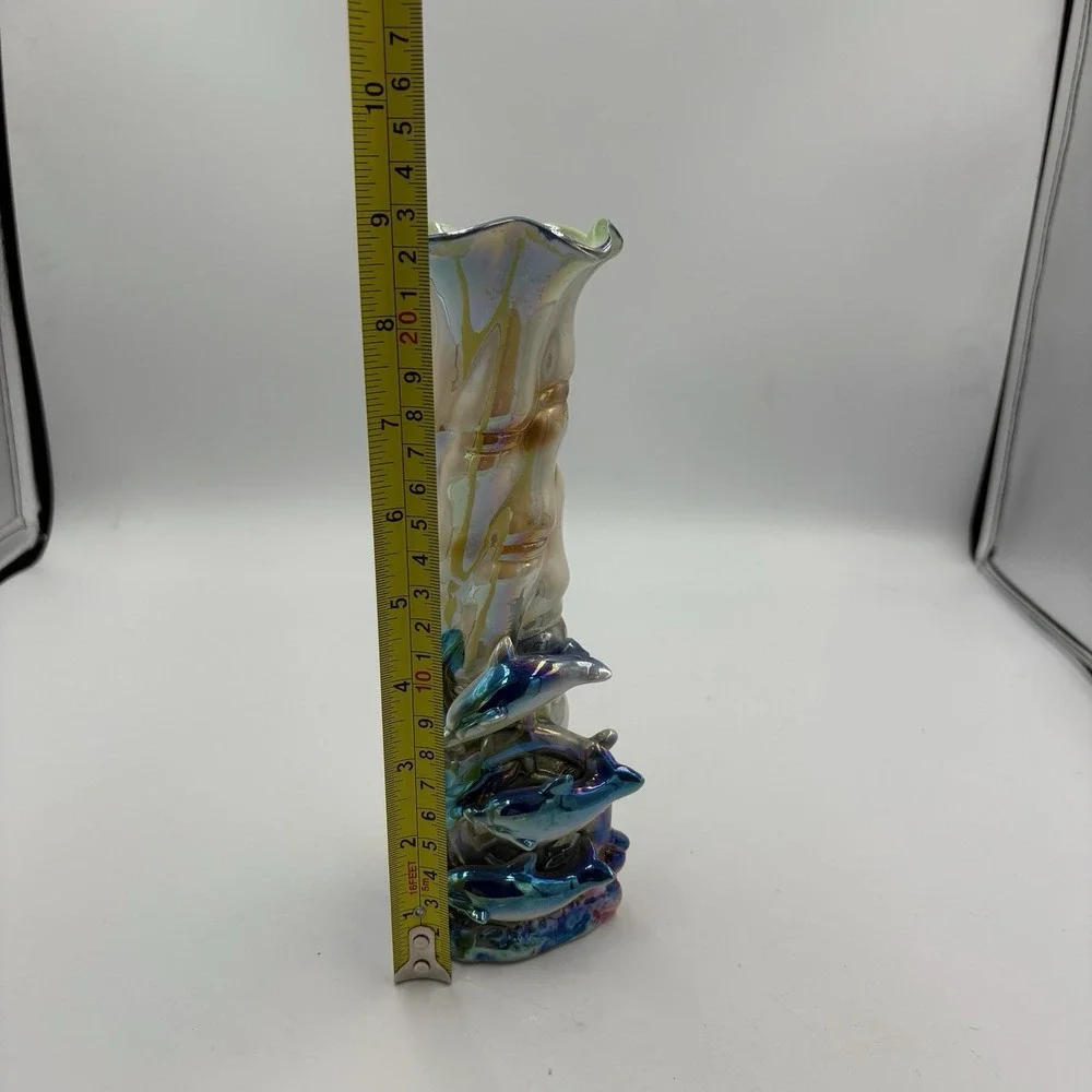 Vintage‎ Iridescent Dolphin Vase B16601 Ocean Scene Sea Life Ceramic 8